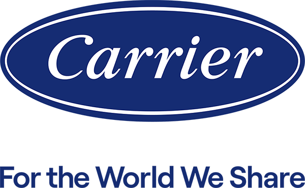 Carrier logo in a blue oval with the slogan "For the World We Share" written below in blue text on a white background.
