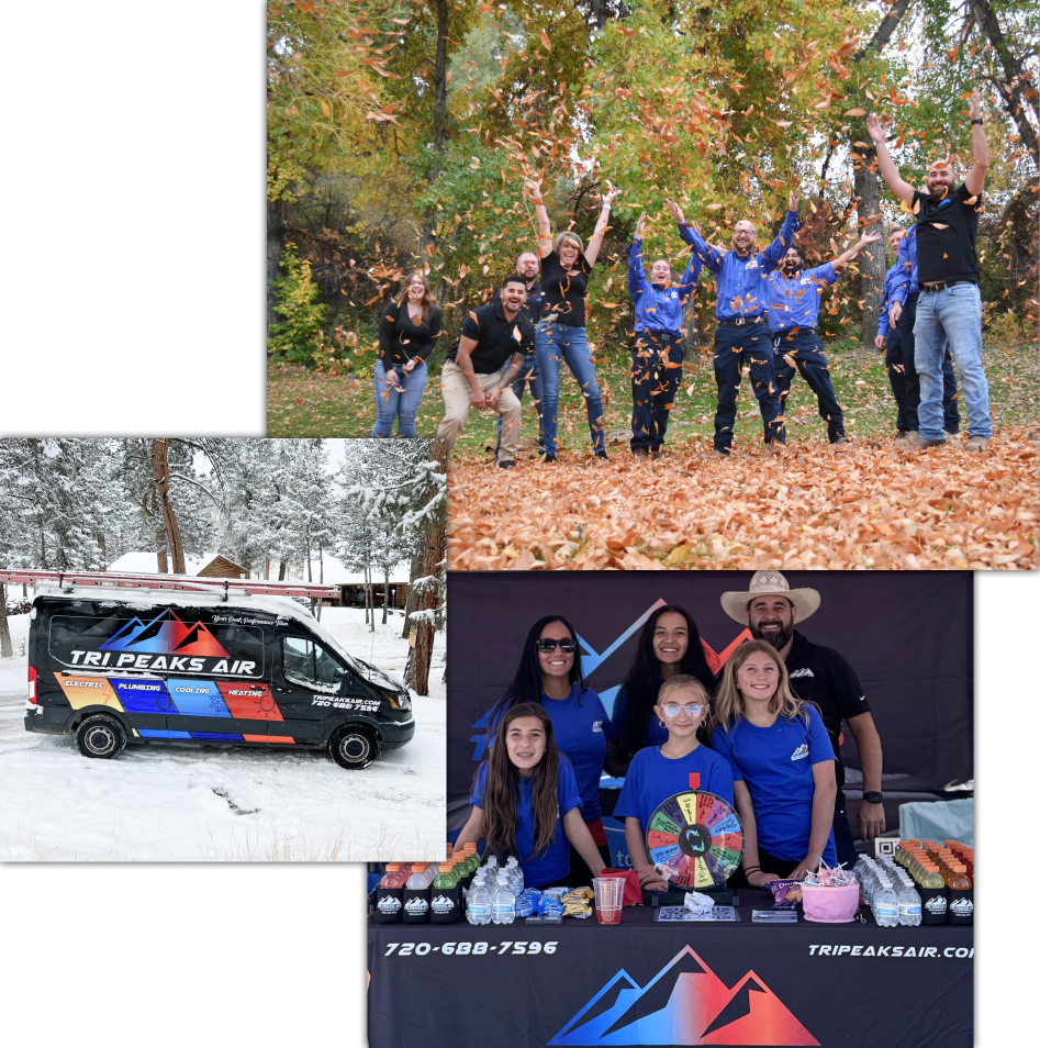 A collage shows a group posing in autumn leaves, a branded van in snow, and staff at a Tri Peaks Air table with giveaways.