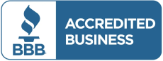 Blue and white logo with the BBB torch symbol and text that reads "BBB Accredited Business.