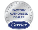 Circular badge with the text "Factory Authorized Dealer" in the center and "Carrier Residential" around the edge, with the Carrier logo at the bottom.