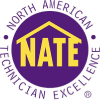 Purple and yellow North American Technician Excellence (NATE) logo with text encircling a house roof design above the acronym "NATE.