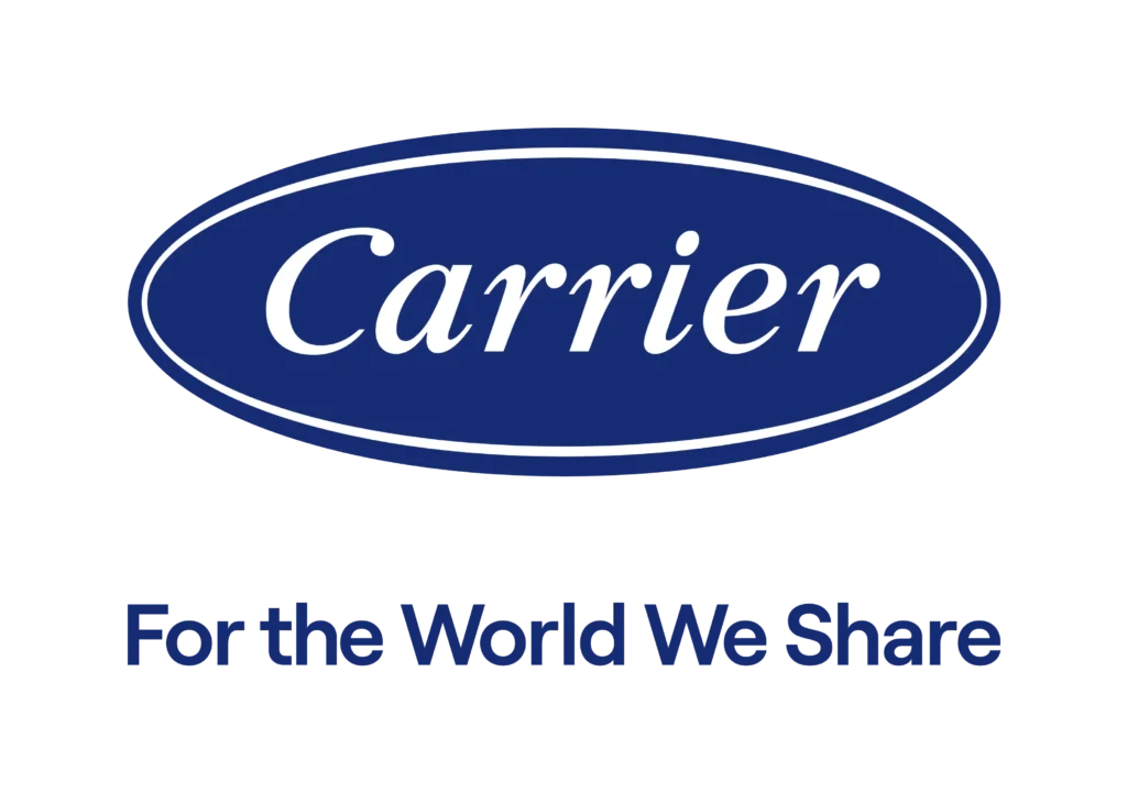 Carrier logo in white text inside a blue oval, with the slogan "For the World We Share" written below in blue letters on a white background.