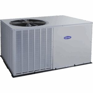 A rectangular Carrier air conditioning unit with a top-mounted fan and side ventilation panels, placed against a plain background.