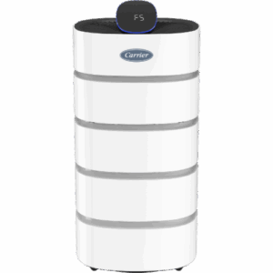 A white, cylindrical Carrier air purifier with horizontal grooves and a digital display reading "F5" on top.