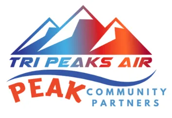 Logo with stylized blue and red mountains above the text "Tri Peaks Air" and "Peak Community Partners" in bold letters.