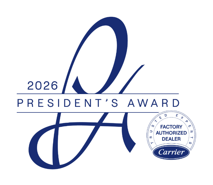 About us: 2026 President’s Award logo featuring a large stylized "P" and "A," with a Factory Authorized Dealer seal from Carrier in the lower right corner.